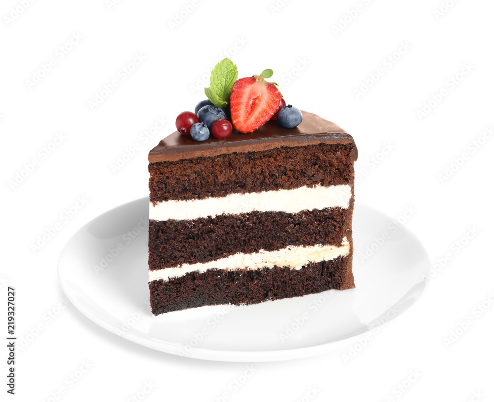 Plate with slice of chocolate sponge berry cake on white background Stock  Photo | Adobe Stock