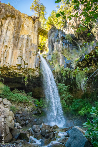 CASCADA CATARATA NATURAL CON PUENTE EN BOSQUE NATIVO