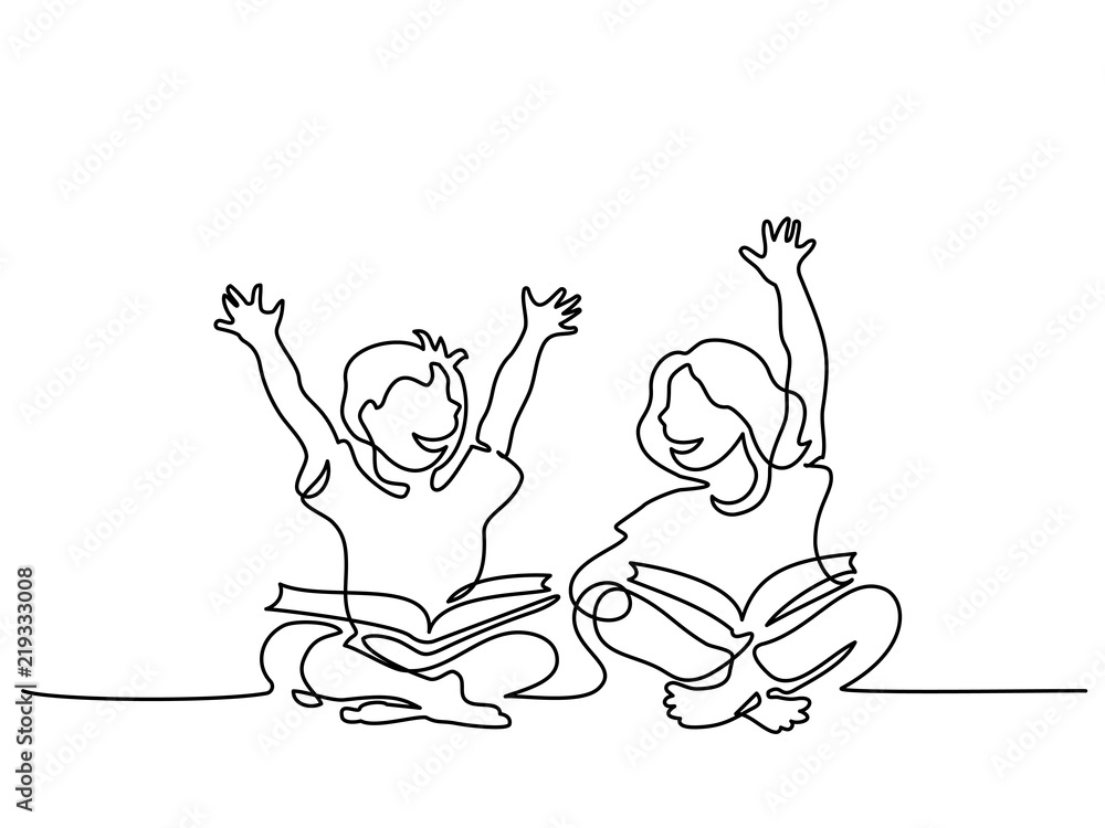 Continuous one line drawing. Happy kids reading open books sitting on ...