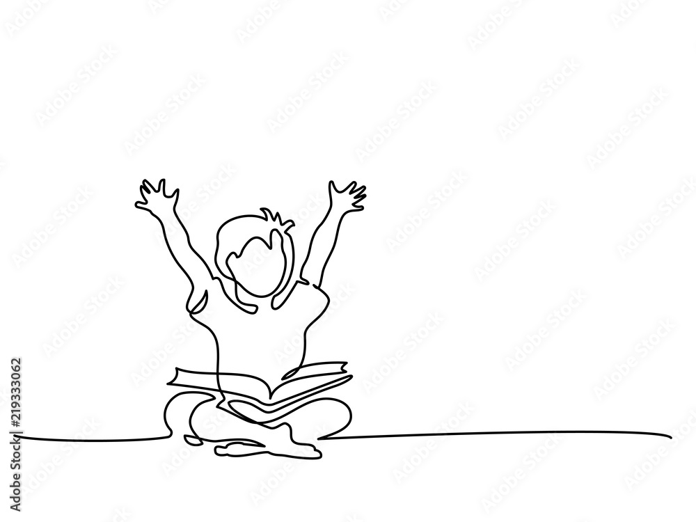 Continuous one line drawing. Happy boy reading open books sitting on ...