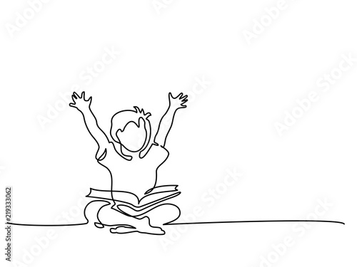 Continuous one line drawing. Happy boy reading open books sitting on floor. Vector illustration