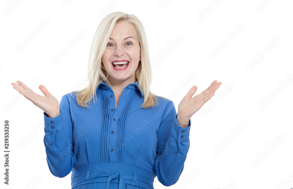 Portrait of happy middle aged woman. Surprised happy woman looking with her mouth open and holding her arms out in excitement. Isolated over white background Portrait of happy middle aged woman. Surprised happy woman looking with her mouth open and holding her arms out in excitement. Isolated over white background
