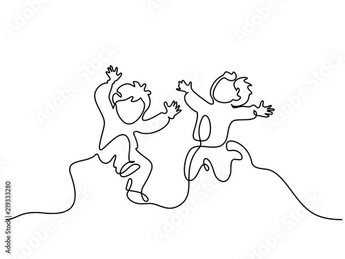 Continuous one line drawing. Happy boys pupil running and jumping. Vector illustration. Concept for logo, card, banner, poster flyer