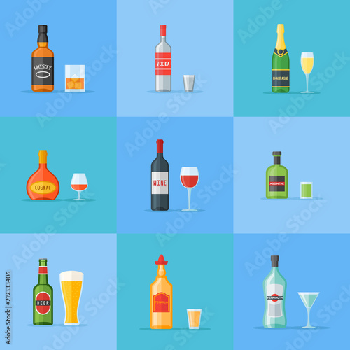 Set of bottles and glasses with alcohol drinks. Whiskey, vodka, cognac, wine, beer, absinthe, tequila, champagne and vermouth. Flat style icons. Vector illustration. photo