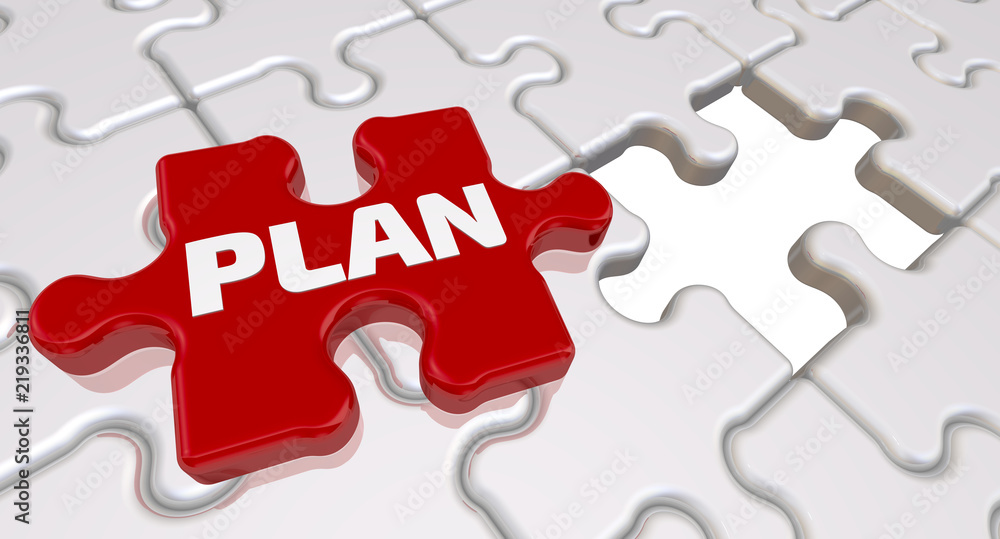 Plan. The inscription on the missing element of the puzzle. Folded white puzzles elements and one red with text PLAN. 3D Illustration Plan. The inscription on the missing element of the puzzle. Folded white puzzles elements and one red with text PLAN. 3D Illustration