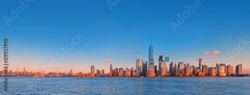 Manhattan skyline panorama at sunset , New York City