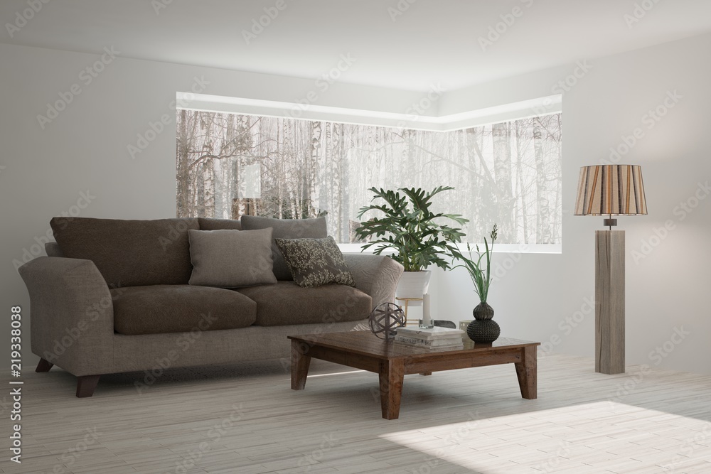 White room with sofa and winter landscape in window. Scandinavian interior design. 3D illustration White room with sofa and winter landscape in window. Scandinavian interior design. 3D illustration