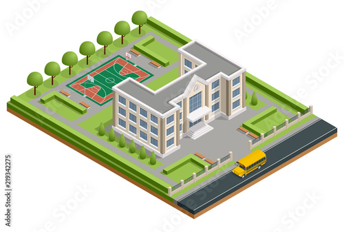 Isometric public school building. Exterior school building with a sports stadium, a school bus and a park. Vector illustration icon or infographic element