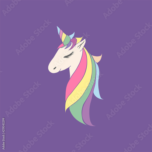 vector pink unicorn beautiful for girls  festive purple  for birthday. head of a unicorn with a horn and mane
