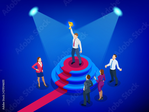 Isometric winner business and achievement concept. Business success. Big trophy for businessmen.