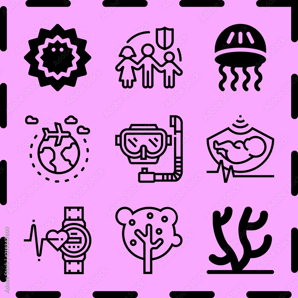 Simple 9 icon set of life related tree, coral, sea urchin and diving vector icons. Collection Illustration