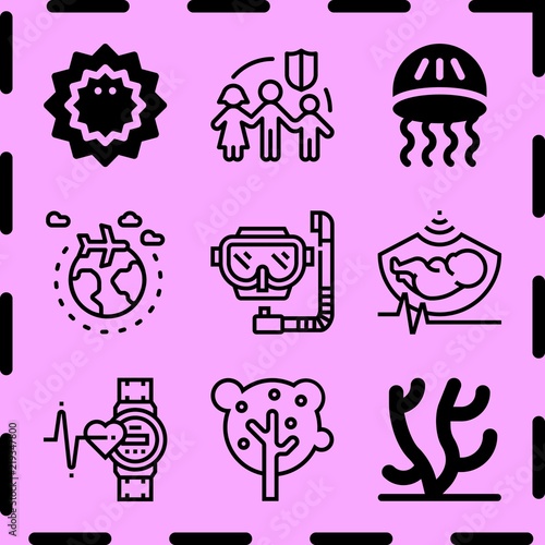 Simple 9 icon set of life related tree  coral  sea urchin and diving vector icons. Collection Illustration