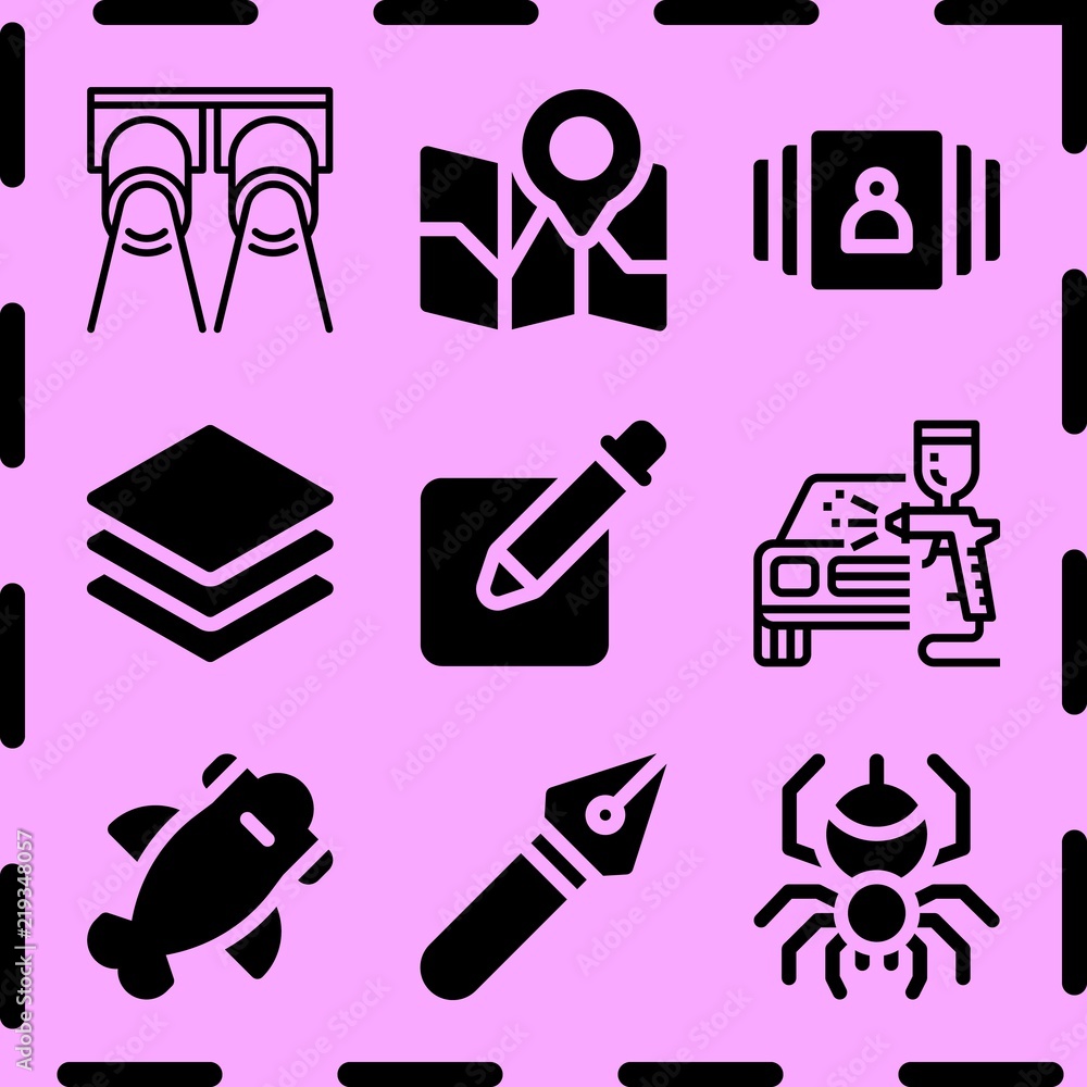 Simple 9 icon set of art related spider, shark, gallery and map vector icons. Collection Illustration Simple 9 icon set of art related spider, shark, gallery and map vector icons. Collection Illustration