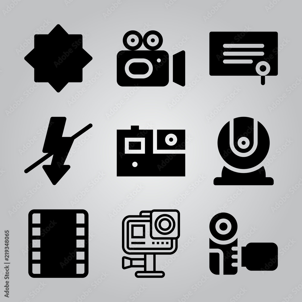 Simple 9 icon set of camera related flash, night mode, film strip and video camera vector icons. Collection Illustration Simple 9 icon set of camera related flash, night mode, film strip and video camera vector icons. Collection Illustration
