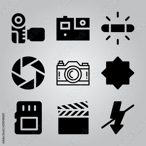 Simple 9 icon set of camera related film, flash, gopro and camera vector icons. Collection Illustration