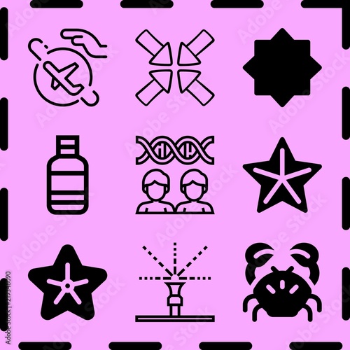 Simple 9 icon set of life related crab, cloning, sprinkler and water bottle vector icons. Collection Illustration