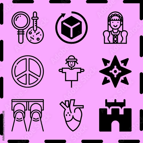 Simple 9 icon set of art related sand castle, peace, science and d vector icons. Collection Illustration