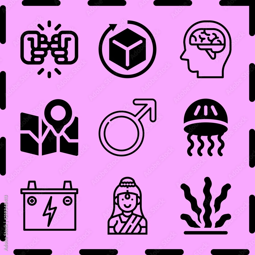 Simple 9 icon set of art related masculine, brain, seaweed and jellyfish vector icons. Collection Illustration Simple 9 icon set of art related masculine, brain, seaweed and jellyfish vector icons. Collection Illustration