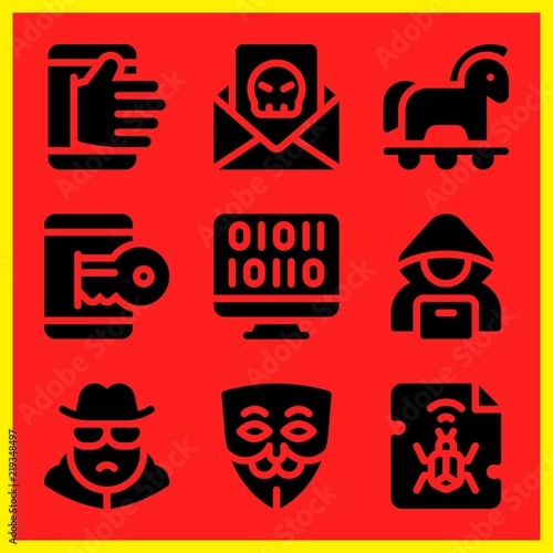 Simple 9 icon set of hacker related spy, spam, hacking and hacker vector icons. Collection Illustration
