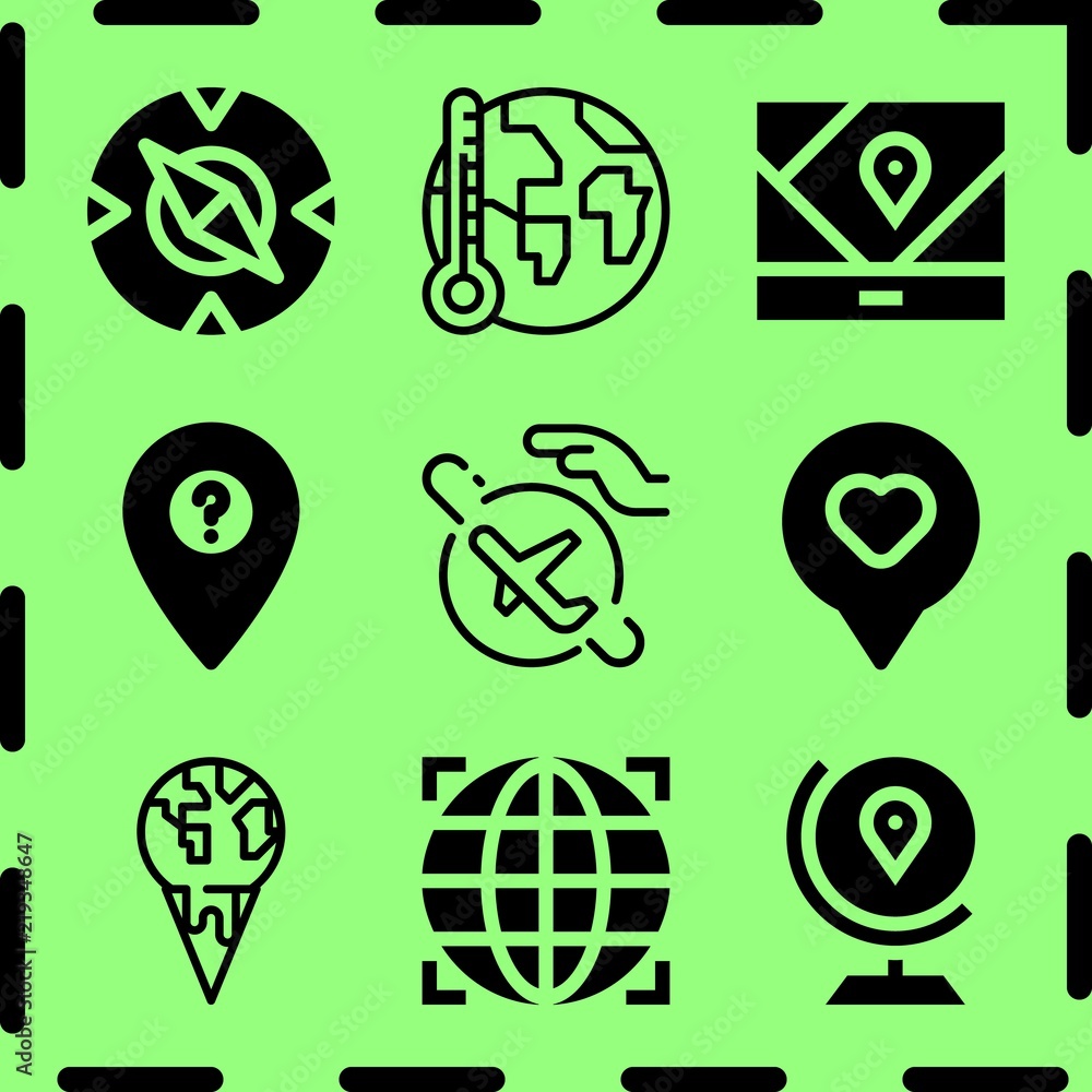 Simple 9 icon set of map related globe, global warming, travel and global warming vector icons. Collection Illustration Simple 9 icon set of map related globe, global warming, travel and global warming vector icons. Collection Illustration