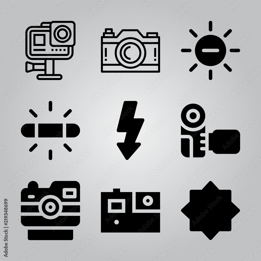 Simple 9 icon set of camera related night mode, camera, gopro and action camera vector icons. Collection Illustration Simple 9 icon set of camera related night mode, camera, gopro and action camera vector icons. Collection Illustration