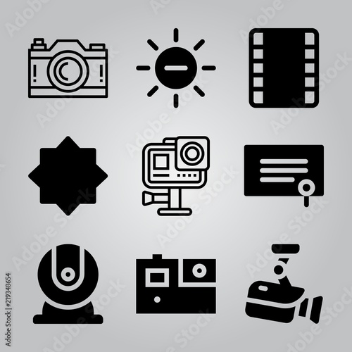 Simple 9 icon set of camera related degree, webcam, gopro and camera vector icons. Collection Illustration