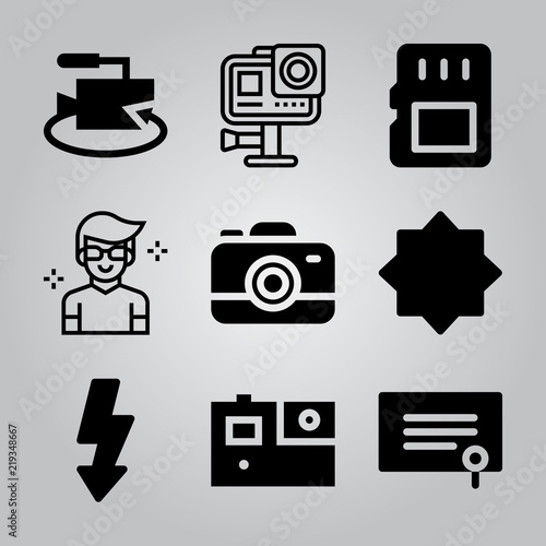 Simple 9 icon set of camera related video camera, memory card, gopro and degree vector icons. Collection Illustration