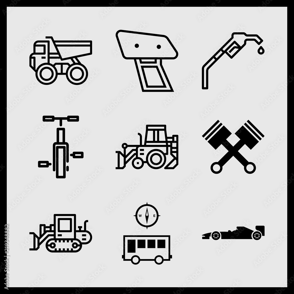 Simple 9 icon set of car related bulldozer, car, bicycle and bus with a compass vector icons. Collection Illustration Simple 9 icon set of car related bulldozer, car, bicycle and bus with a compass vector icons. Collection Illustration