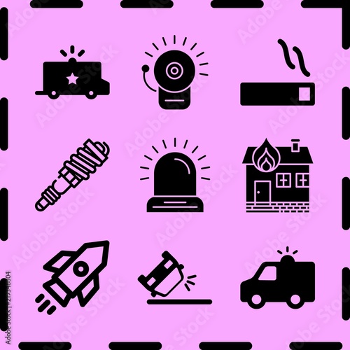 Simple 9 icon set of fire related spark, smoking, siren and overturned car vector icons. Collection Illustration