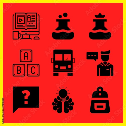 Simple 9 icon set of edication related school bus, flask, backpack and elearning vector icons. Collection Illustration