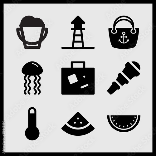 Simple 9 set of Summer related sea jellyfish, anchor hand bag, sand full of bucket and lifeguard vector icons