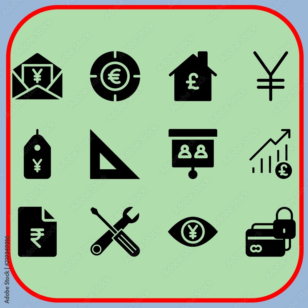 Simple 12 icon set of business related credit card, tools, price tag and yen vector icons. Collection Illustration Simple 12 icon set of business related credit card, tools, price tag and yen vector icons. Collection Illustration