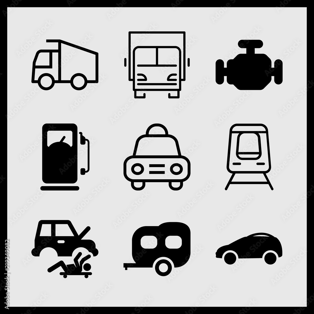 Simple 9 icon set of car related lorry, vacation caravan, engine and old petrol station vector icons. Collection Illustration Simple 9 icon set of car related lorry, vacation caravan, engine and old petrol station vector icons. Collection Illustration
