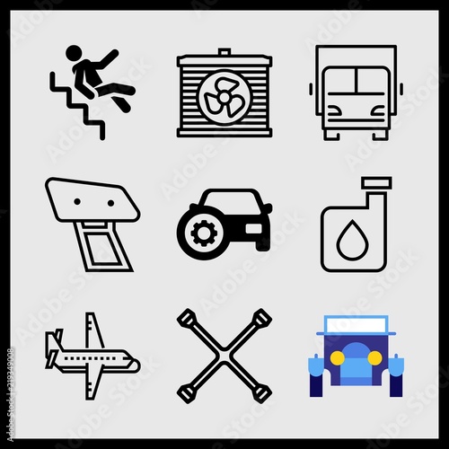 Simple 9 icon set of car related fuel, accident, car and cross wrench vector icons. Collection Illustration