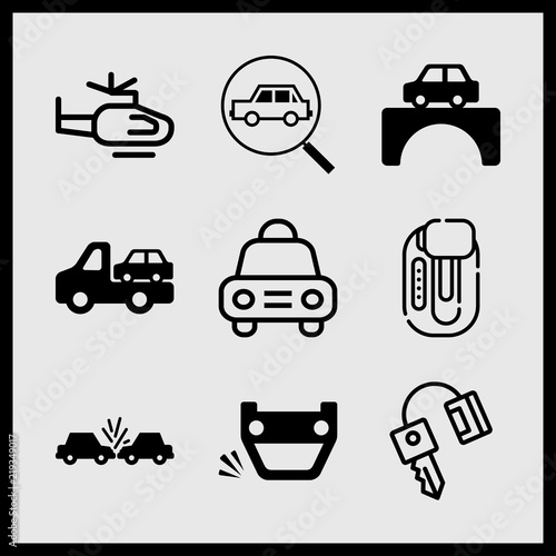 Fototapeta Naklejka Na Ścianę i Meble -  Simple 9 icon set of car related car on the bridge, helicopter, truck with another car and car key vector icons. Collection Illustration