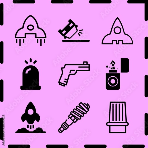 Simple 9 icon set of fire related rocket outlined space ship, spark, overturned car and lighter vector icons. Collection Illustration