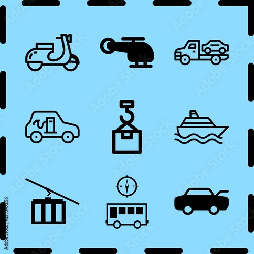 Simple 9 icon set of travel related motorcycle, car, cable car and bus with a compass vector icons. Collection Illustration