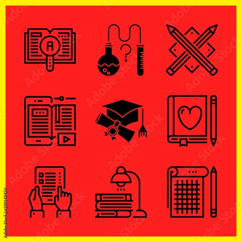 Simple 9 icon set of edication related learning, graduation, studying and exam vector icons. Collection Illustration