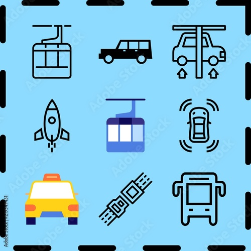Simple 9 icon set of travel related car, seat belt, space transport and aerial tramway vector icons. Collection Illustration