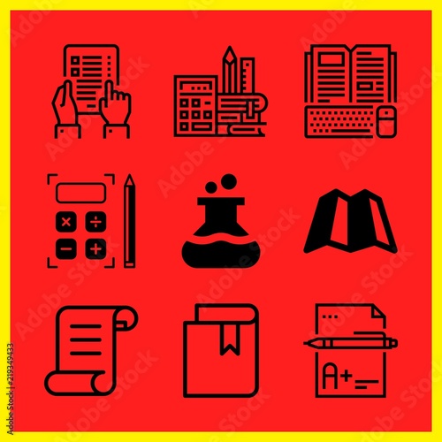 Simple 9 icon set of edication related online course, flask, exam and map vector icons. Collection Illustration