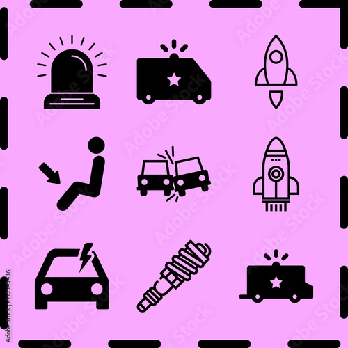 Simple 9 icon set of fire related side crash, rocket ship, police van and problem electric vector icons. Collection Illustration