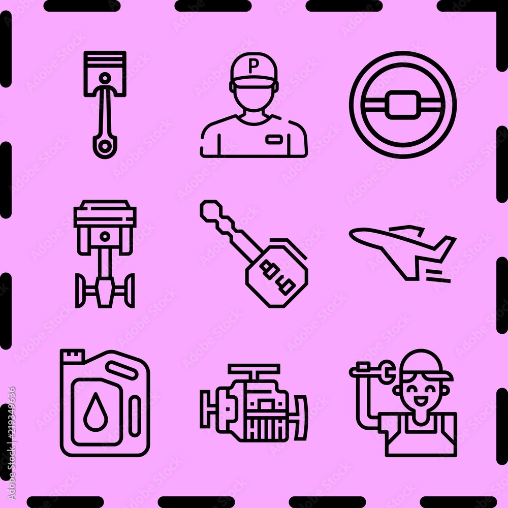 Simple 9 icon set of car related gasoline, motor, parking worker and airplane outline pointing left vector icons. Collection Illustration Simple 9 icon set of car related gasoline, motor, parking worker and airplane outline pointing left vector icons. Collection Illustration