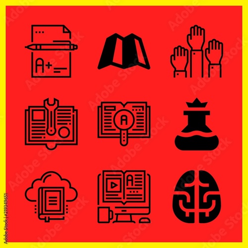 Simple 9 icon set of edication related learning, manual, library and map vector icons. Collection Illustration