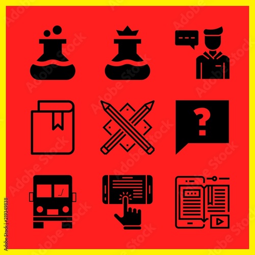 Simple 9 icon set of edication related flask, student, pencils and faq vector icons. Collection Illustration