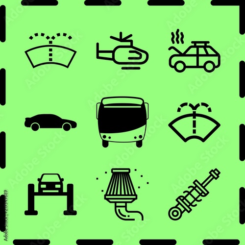 Simple 9 icon set of service related helicopter, glass wiper, modern bus and car repair vector icons. Collection Illustration