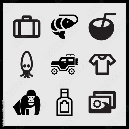 Simple 9 set of Summer related cartoon squid, jeep, two pictures and small hand bag vector icons