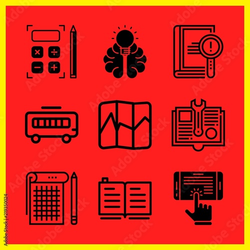 Simple 9 icon set of edication related ebook, calculator, map and open book vector icons. Collection Illustration