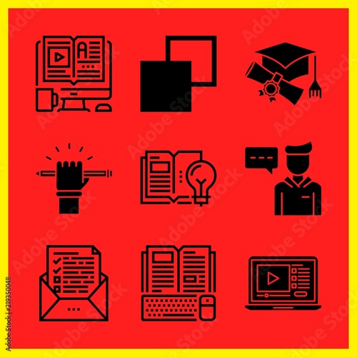 Simple 9 icon set of edication related student, elearning, lecture and open book vector icons. Collection Illustration