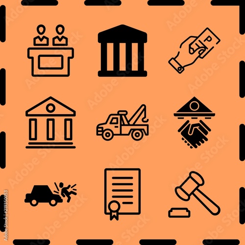 Simple 9 icon set of legal related courthouse, law, jury and loan vector icons. Collection Illustration