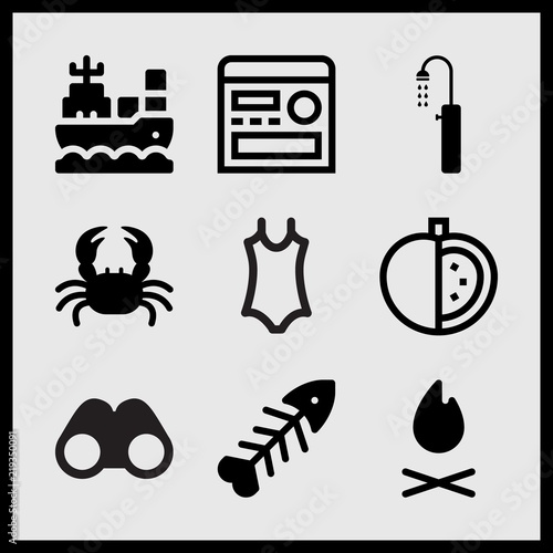 Simple 9 set of Summer related boat, radio, fishbone and beach shower vector icons